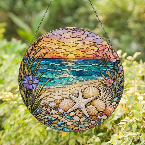 Coastal Sunset Seashell Starfish Window Decor for Beach House and Beach Lovers Stained Glass Suncatcher