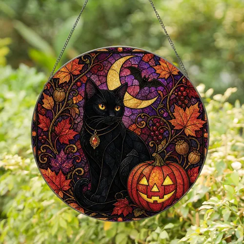 Black Cat and Jack O Lantern Halloween Window Decor for Autumn Home Display Lovers Stained Glass Suncatcher