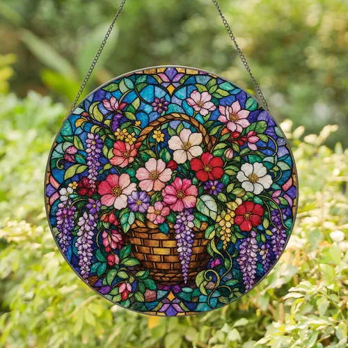 Overflowing Floral Basket Window Decor For Garden Lovers And Cottage Homes Year Round Stained Glass Suncatcher
