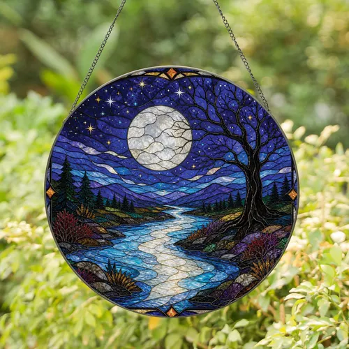 Moonlit River Stained Glass Night Scene Window Decor for Cottage and Celestial Homes Stained Glass Suncatcher