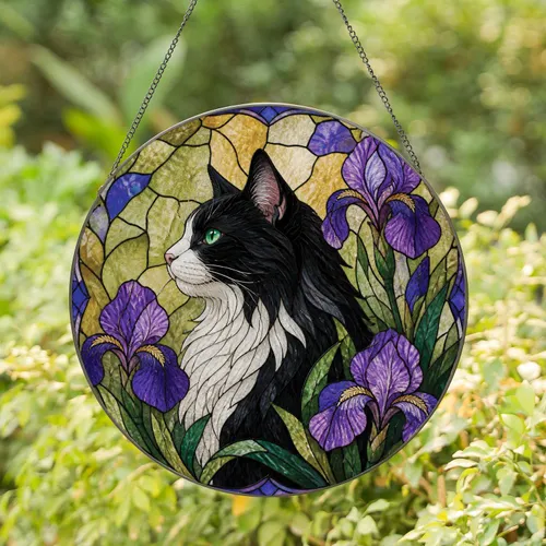 Tuxedo Cat Memorial Stained Glass Home Accent With Irises And Jewel Tones For Sympathy Stained Glass Suncatcher