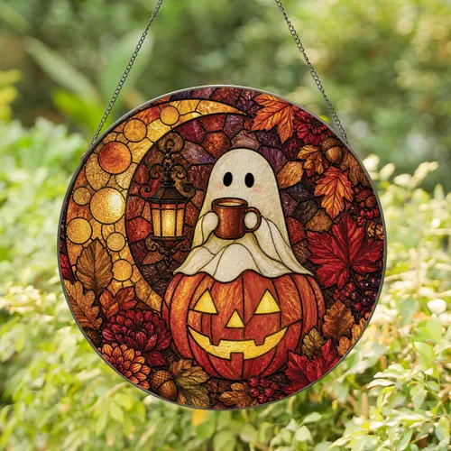 Halloween Ghost On Jack-O'-Lantern Moon Window Decor For Coffee Lovers And Fall Homes Stained Glass Suncatcher