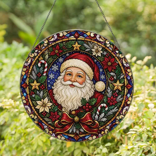 Christmas Santa Stained Glass Holiday Window Decor for Festive Home and Gift Giving Stained Glass Suncatcher