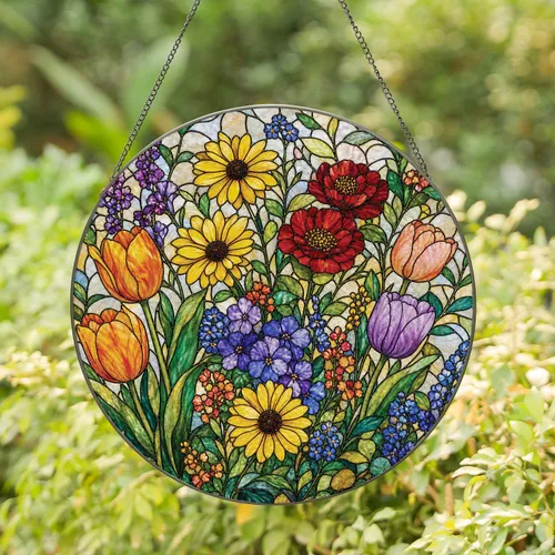 Wildflower Stained Glass Bouquet Window Decor For Mom Gift, Bright Botanical Charm Stained Glass Suncatcher