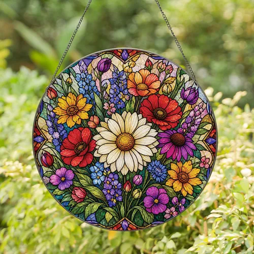 Wildflower Bouquet Stained Glass For Cottage Kitchens, Sunlit Rooms, And Garden Nooks Stained Glass Suncatcher