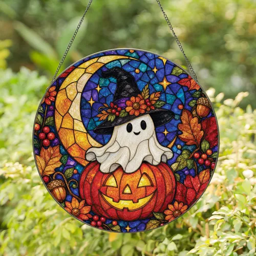 Ghost Moon Stained Glass Halloween Window Decor for Cozy Autumn Home Displays Gift Stained Glass Suncatcher
