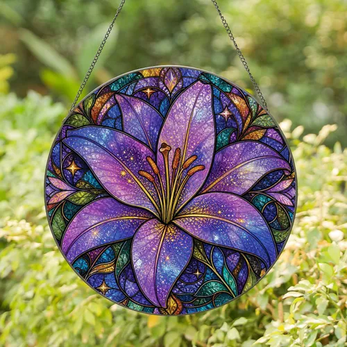 Galaxy Lily Stained Glass Celestial Window Accent for Boho Home Decor Lovers Gift Stained Glass Suncatcher