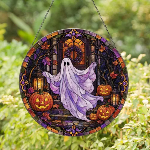 Friendly Ghost Halloween Stained Glass Window Decor for Cozy Autumn Porch Fall Gifts Stained Glass Suncatcher