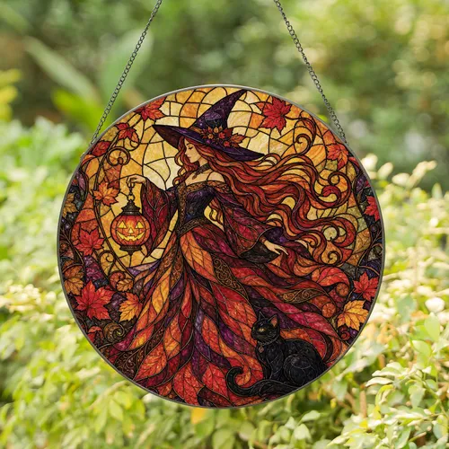 Autumn Witch Window Decor For Halloween Home, Glowing Cat And Jack-O-Lantern Charm Stained Glass Suncatcher