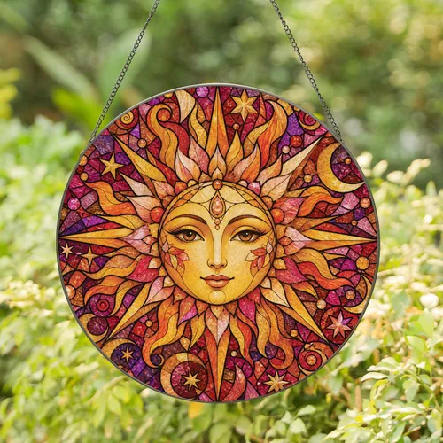 Celestial Sun Face With Crescent Moon Halo For Boho Home Decor And Gift Giving Set Stained Glass Suncatcher