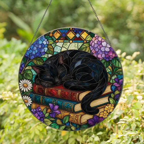 Sleeping Black Cat On Books With Floral Stained Glass For Book Lovers, Cat Moms Home Stained Glass Suncatcher