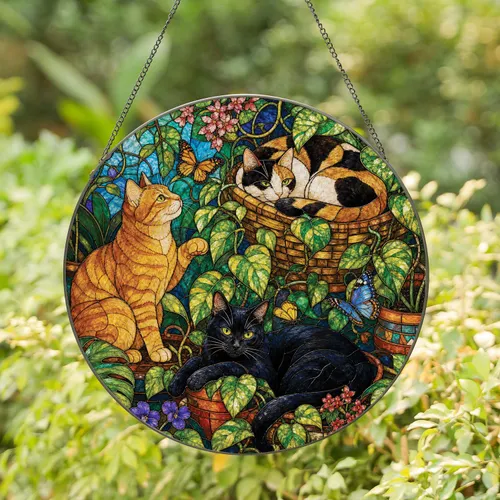 Calico, Orange Tabby And Black Cat Pothos Stained Glass Window Accent For Cat Lovers Stained Glass Suncatcher