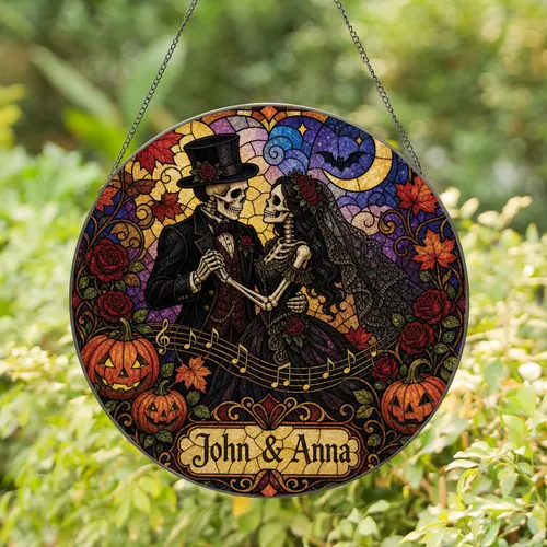 Personalized Halloween Skeleton Bride And Groom Gothic Window Hanging For Romantic Home Decor