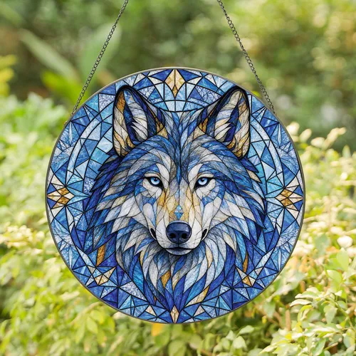Blue Wolf Head Winter Window Accent For Rustic Cabins And Nature Lovers Gift Fans Stained Glass Suncatcher