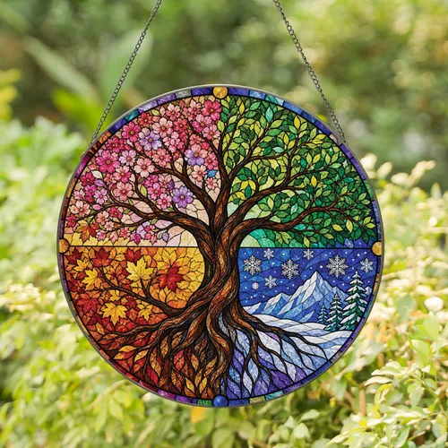 Four Seasons Tree of Life Window Accent for Boho Homes and Year-Round Housewarming Gifts Stained Glass Suncatcher