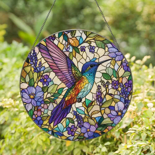 Stained Glass Hummingbird With Wildflower Wreath for Cottage Window Decor Home Stained Glass Suncatcher