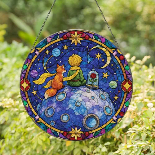 Storybook Traveler Fox Rose Celestial Glass Panel for Nursery Wall Home Decor Gift Stained Glass Suncatcher