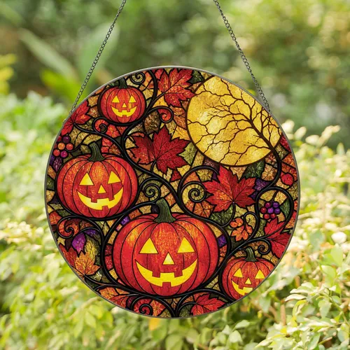 Leaded Pumpkin Moon Window Hanging for Halloween Harvest Decor, Autumn Home Accent Stained Glass Suncatcher