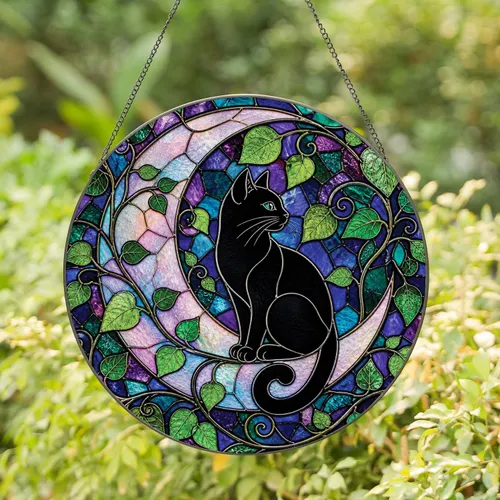 Black Cat On Crescent Moon Stained Glass For Whimsical Home Decor For Cat Lovers Stained Glass Suncatcher