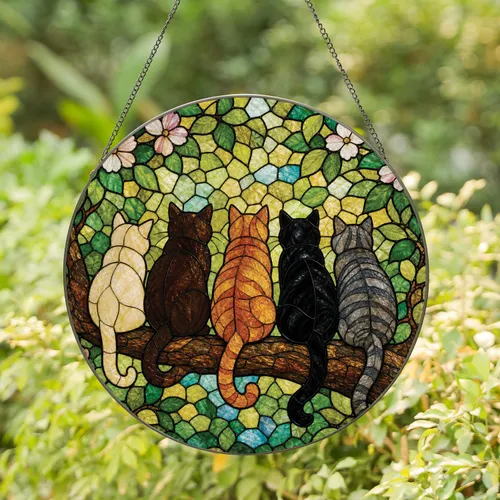 Five Cats on a Branch Stained Glass Garden Accent for Cozy Home Decor and Cat Lovers Stained Glass Suncatcher