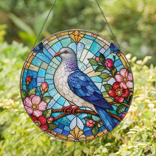 Perched Pigeon with Blossoms Tiffany-Style Home Accent for Bird Lovers and Gifts Stained Glass Suncatcher
