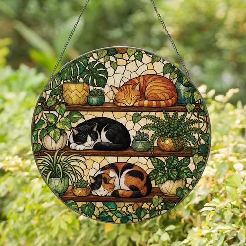 Sleeping Cats and Houseplants Cozy Boho Window Decor for Cat Lovers and Plant Fans Stained Glass Suncatcher