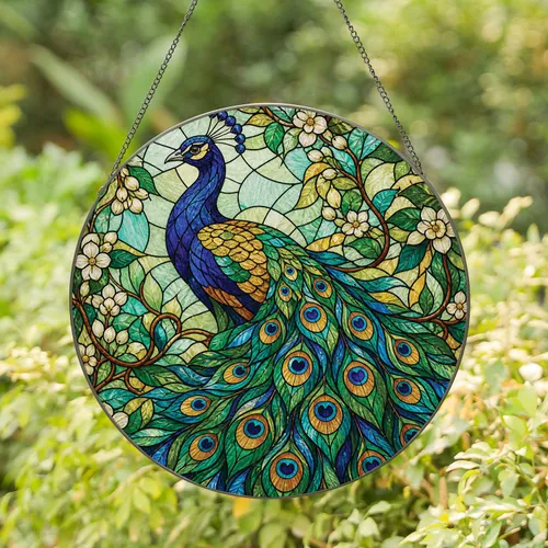Regal Peacock Stained Glass Hanging Decor for Boho Home, Porch, and Garden Charm Stained Glass Suncatcher