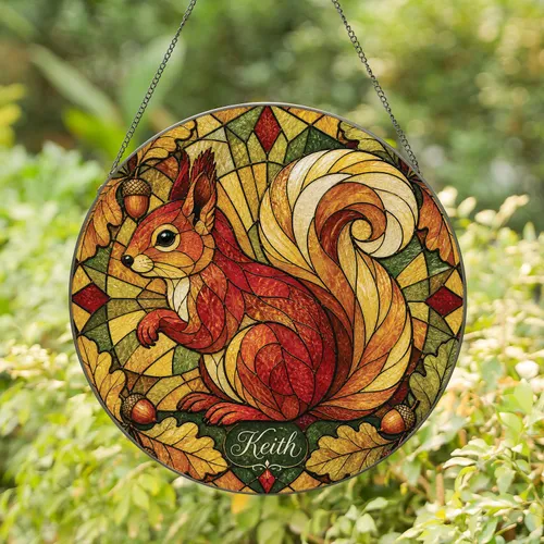Personalized Red Squirrel Stained Glass Window Decor Gift for Woodland Homes and Nature Lovers