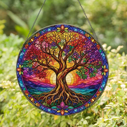 Tree Of Life Stained Glass Window Decor For Boho Homes, Meditation Rooms, And Gifts Stained Glass Suncatcher