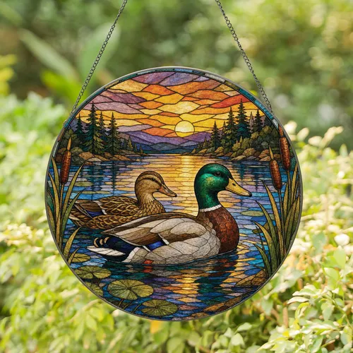 Mallard Duck Pair Lakeside Sunset Window Accent for Bird Lovers and Cabin Home Decor Stained Glass Suncatcher