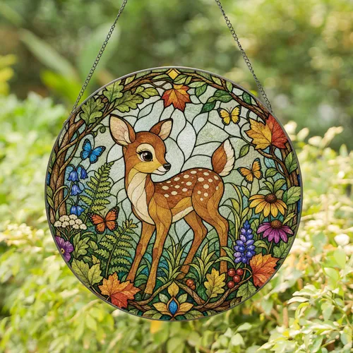 Baby Fawn In Woodland Wreath For Cottagecore Home Decor And Nature Lovers Gift Idea Stained Glass Suncatcher
