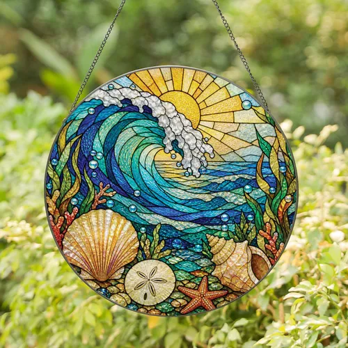 Ocean Wave Coastal Window Decor for Beach Houses, Seashell Accent for Sea Lovers Stained Glass Suncatcher