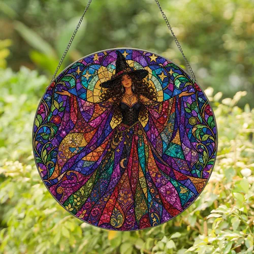 Boho Witch In Stained Glass For Halloween Home Decor Gift For Mystic Moon Lovers Stained Glass Suncatcher