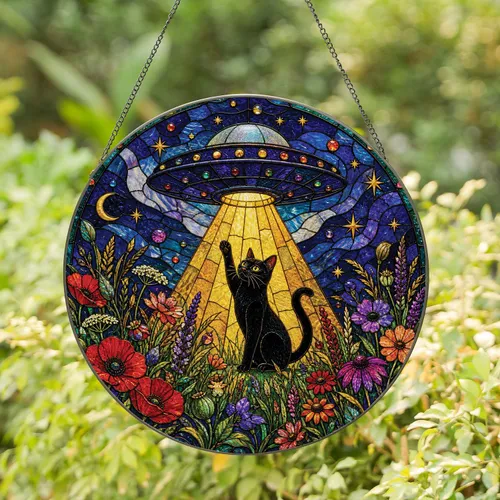 UFO Abduction Black Cat Stained Glass Window Decor Gift for Women, Halloween Accent Stained Glass Suncatcher
