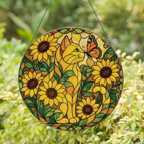 Sunflower Cat Window Hanging With Butterfly For Cottage Core Homes And Cat Lovers Stained Glass Suncatcher