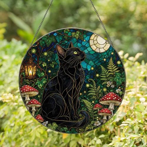 Mystic Black Cat Moonlit Cottagecore Window Accent for Gothic Home Decor Enthusiasts Stained Glass Suncatcher