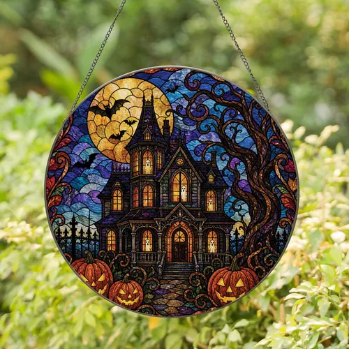 Haunted Victorian House Halloween Moonlit Window Decor for Gothic Autumn Home Spaces Stained Glass Suncatcher