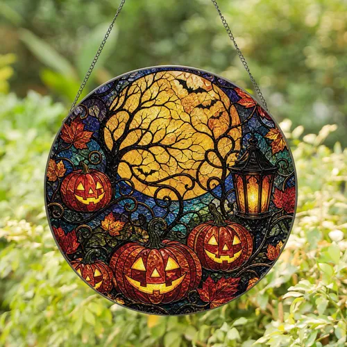 Halloween Harvest Moon Pumpkin Window Hanging for Fall Decor and Gothic Home Accent Stained Glass Suncatcher