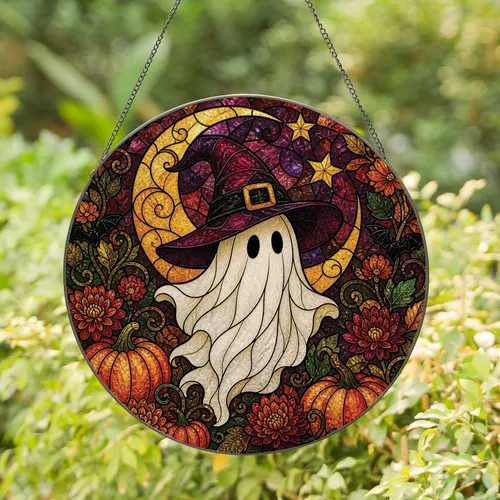 Halloween Ghost With Witch Hat, Crescent Moon, and Pumpkins for Cozy Fall Home Decor Stained Glass Suncatcher