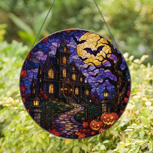 Haunted Victorian House Halloween Moon Glow For Gothic Autumn Window Decor Gift Stained Glass Suncatcher