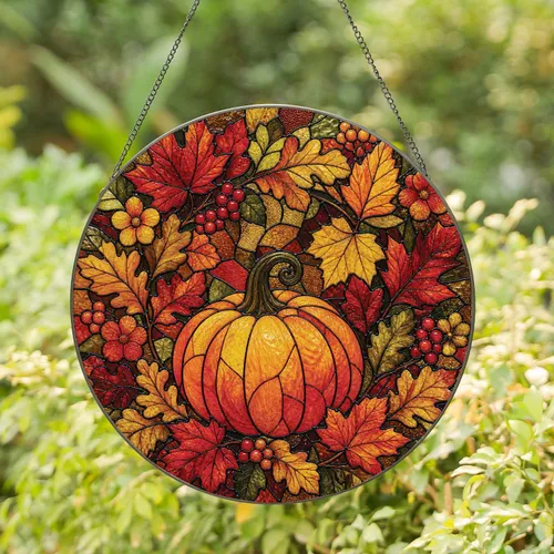 Autumn Pumpkin With Maple Leaves for Halloween and Thanksgiving Home Decor Accent Stained Glass Suncatcher