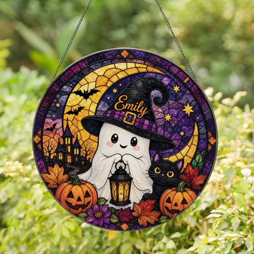Personalized Ghost Witch Moon Window Hanging With Black Cat And Pumpkins For Halloween Home