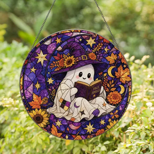 Cute Ghost Reading Spellbook Halloween Window Decor for Cozy Autumn Homes and Gifts Stained Glass Suncatcher