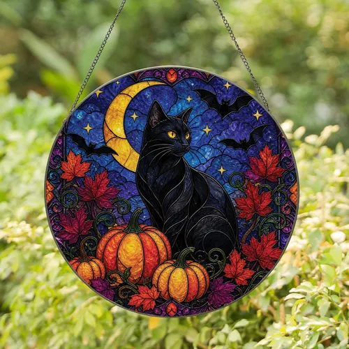 Halloween Black Cat Moonlit Pumpkins Gothic Window Hanging Decor for Cat Lovers Porch Stained Glass Suncatcher