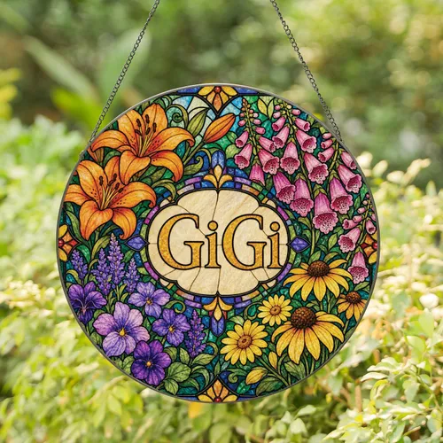 GiGi Floral Stained Glass Name Sign for Window Decor, Mother's Day Gift for Grandma Stained Glass Suncatcher