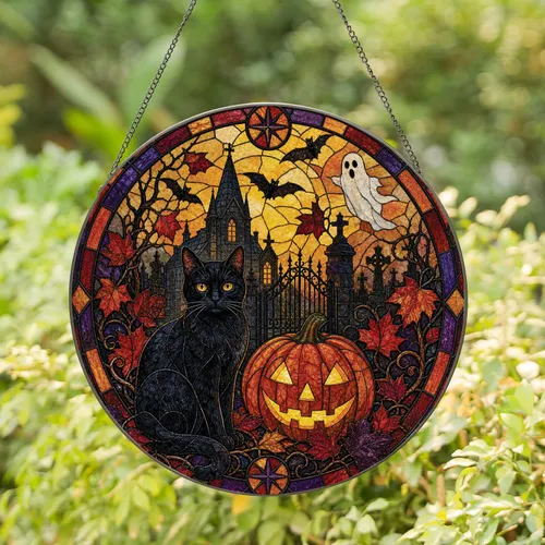 Black Cat And Pumpkin Gothic Halloween Decor For Cat Lovers And Home Displays All Year Stained Glass Suncatcher