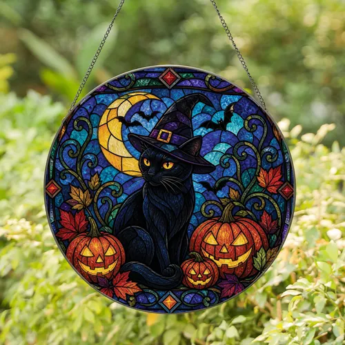 Halloween Black Cat Moonlit Window Decor for Cat Lovers and Spooky Gothic Home Style Stained Glass Suncatcher
