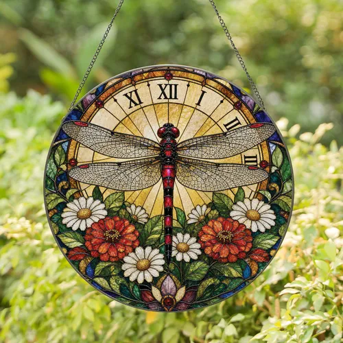 Dragonfly Clock Floral Stained Glass Window Accent For Nature Lovers And Home Gifts Stained Glass Suncatcher