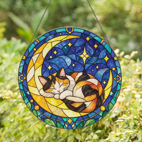 Sleeping Calico Cat On Crescent Moon Stained Glass Window Decor For Cat Lovers Gift Stained Glass Suncatcher