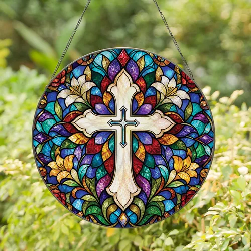 Floral Stained Glass Cross Window Accent For Faithful Home Decor And Gift Giving Stained Glass Suncatcher